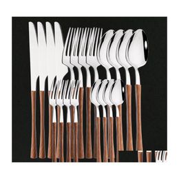 Conjuntos de cubiertos Vajilla de madera brillante Sier Vajilla Set Acero inoxidable Western Sierware Cuchillo Tenedor Cucharadita Cubiertos Set Flatware Dro DHLPW