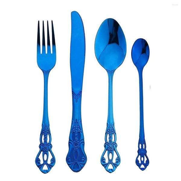 Couverts Ensembles Vintage Bleu Couverts En Acier Inoxydable Dîner Couteau Fourchette Cuillère Vaisselle Miroir Western Long Cuisine Vaisselle