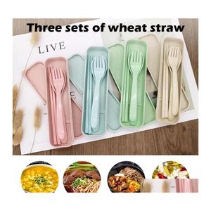 Flatware sets tarwe st plastic tafels lepel lepel chopsticks set draagbare reisters bestek doos etensvoorwerpen voor kinderen wll480 d otgnd