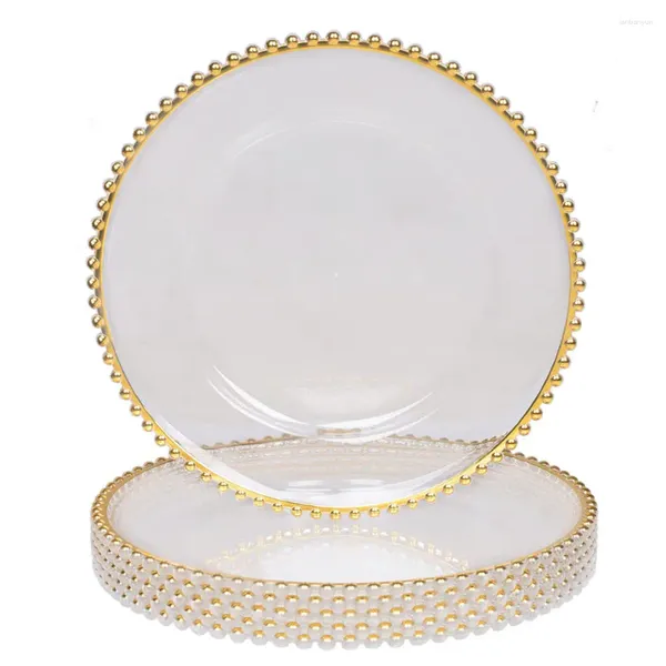 Ensembles de couverts en gros réutilisables 13 pouces bord d'or perlé transparent décoration de mariage assiettes de chargeur en plastique