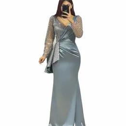 Flavinke Elegant Sirène Evening Dres 2024 Sparkly à col en V LG Prom Prom Prom Dr Ruffles Robes de fête en satin brillantes O1PD #