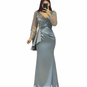 Flavinke Elegant Mermaid Evening Dres 2024 Sparkly V-Neck LG Mouwen geplooDed Prom Dr Ruffles Glinige Satijnen feestjurken O1PD#