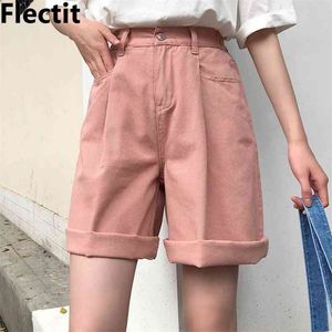 Flectit Bermuda Shorts Dames Hoge Taille Wide Peen Soft Denim Zomer Student Meisje Casual Outfits 210724