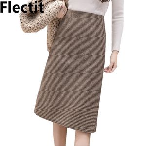 Flectit Fall Winter Warm Wol Houndstooth Hoge Taille Potlood Midi Rok Slanke Knielengte Back Split Work Plus Size S-XXL 220317