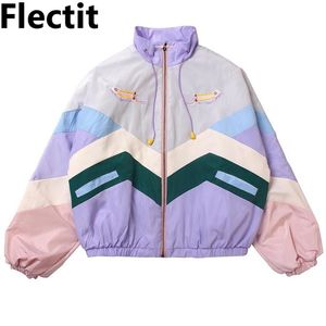 Flectit Femmes Pastel Bomber Veste Mignonne Broderie Bloc De Couleur Duster Souvenir Sukajan Veste Japonaise Filles Harajuku Style * 210722