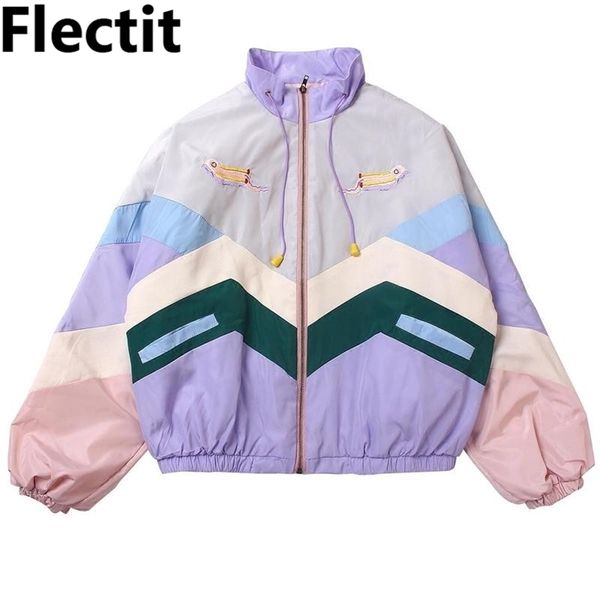 Flectit Femmes Pastel Bomber Veste Mignon Broderie Couleur Bloc Duster Souvenir Sukajan Veste Japonais Filles Harajuku Style * 211105