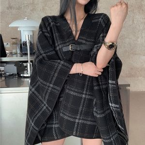 Flectit femmes Plaid Cape avec boucle laine chaude surdimensionné ouvert avant Poncho Cape manteaux 2021 tendances L220725