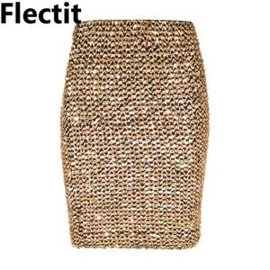 Flectit Womens Rokken Gouden Lovertjes Mini Bodycon Potlood Korte Wrap voor Office Lady Party Girl Saia 210619