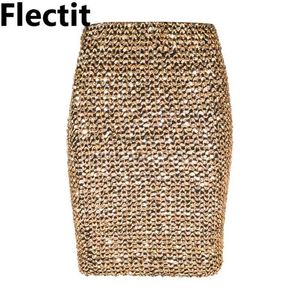 Flectit Faldas para mujer Lentejuelas doradas Mini bodycon Lápiz Abrigo corto para Office Lady Party Girl Saia 210621