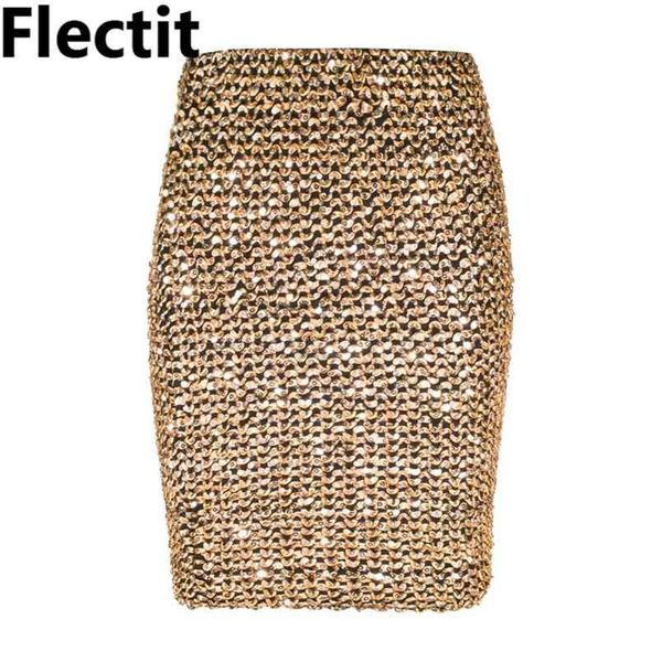 Flectit Womens Jirts Gold Pailled Mini jupe Bodycon Jupe crayon Jupe enveloppante pour le bureau Lady Party Girl Saia 210408