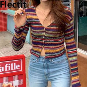 Flectit Womens Vintage Multi Gestreifte Strickjacke Button Up Crop Pullover Slim Fit Gestricktes Top Koreanische Mode Alternative Mädchen Outfit 210806