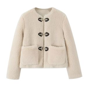 Manteau polaire à col rond pour femme, veste chaude, solide, avec poches, épais, vêtements d'extérieur décontractés, nouvelle collection hiver 2024