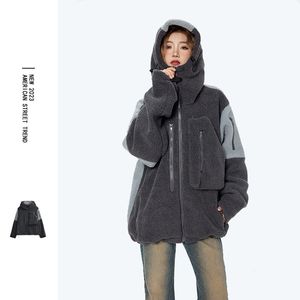 Chaqueta con capucha mullida de lana, ropa de calle Harajuku de felpa peluda de retales con cremallera, abrigos gruesos y cálidos, chaqueta holgada de moda 2023