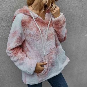 Fleece Hoodie Sweatshirts Herfst Dames Winter Mode Tie-Dye Hooded Patded Top Vrouwen Volledige Warme Pocket Hooded Jacket 210508