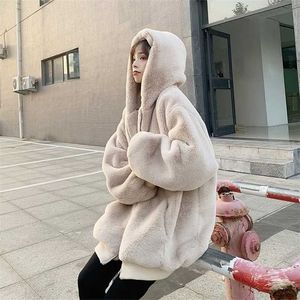 Veste polaire manteau d'hiver pour femmes lâches fourrure de lapin artificielle longue décontractée garder au chaud coton à capuche en peluche 211126