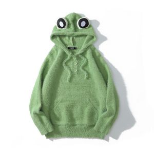 Fleece Mohair Suéter de punto con capucha Mujer Verde Pull Femme Bolsillo delantero de gran tamaño Hiver Tallas grandes Estilo coreano Prendas de punto Sudor de mujer