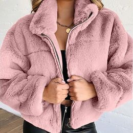 Damesjassen fleece turn-down kraag vest jas voor vrouwen lange mouw losse dikke warme rits effen korte straatwear vrouwelijke mode wi