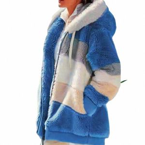 Parka polaire pour femme, manteau chaud à capuche, manches Lg, bloc de couleur, fermeture éclair, automne-hiver, X0Z5 #