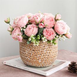 Fleurs artificielles en soie haute qualite 5 rose artificielle avec tige restaurantkamer bruiloft decoratie simulatie bouquet241u