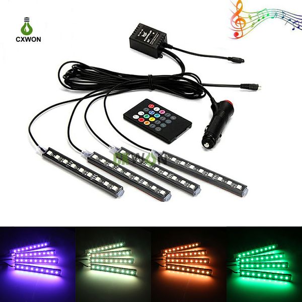 Bande LED Flexible pour intérieur de voiture, 4 pièces, 36 diodes, étanche, contrôle du son de la musique, lampe d'ambiance, lumières de décoration avec télécommande