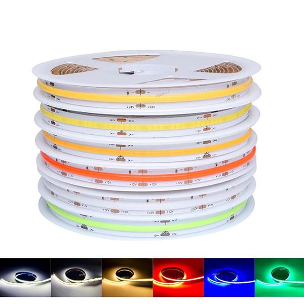 Bande lumineuse LED COB Flexible, DC12V FOB 10mm, haute densité, variable, rouge, vert, bleu, Nature, chaud, froid, blanc pur, CE282k