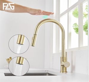 FLG Touch Control Keuken kranen Smart Sensor Keuken Tap Borsten Goud roestvrijstalen touch kraan Pull Down Sink Mixer Taps T206664191