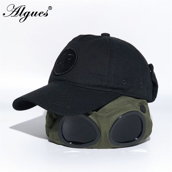 Casque de vol Mode-noir Pilot Baseball Sun Protection Lunettes de soleil Hip Hop Cap Avec Lunettes Chapeau Accessoires 201023