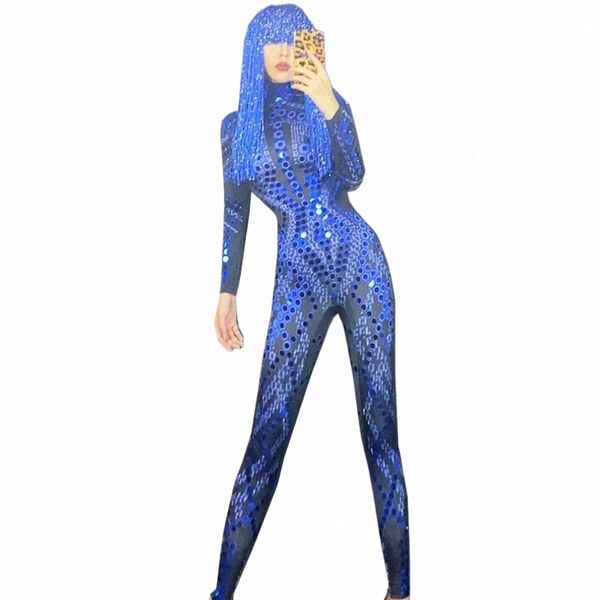 Fling Bleu Paillettes Lg Manches Combinaison Femmes Anniversaire Célébrer Party Outfit Bar Discothèque Costume De Danse Spectacle Stage Wear Y0pY #