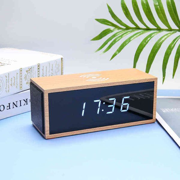 FLING Horloge électronique en bois Haut-parleur Bluetooth Charge sans fil 3 en 1 Réveil de bureau Haut-parleur Hi-Fi Table Calendrier Decro 211112