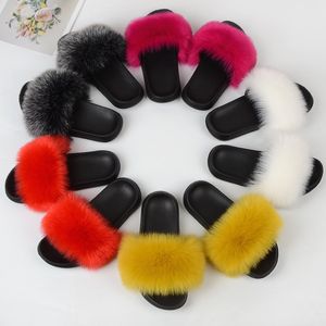 Fling Fur Slippers voor dames pluizige echte vossenglaasjes ry wasbeer sandalen dames schattige bal flip flops regenboogschoen y2302