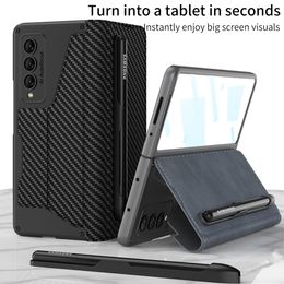 Flip Book Cases voor Samsung Galaxy Z Fold 4 Case Tempered Glass Filmscherm Beveiligingskaart Pen Groove Lederen Cover