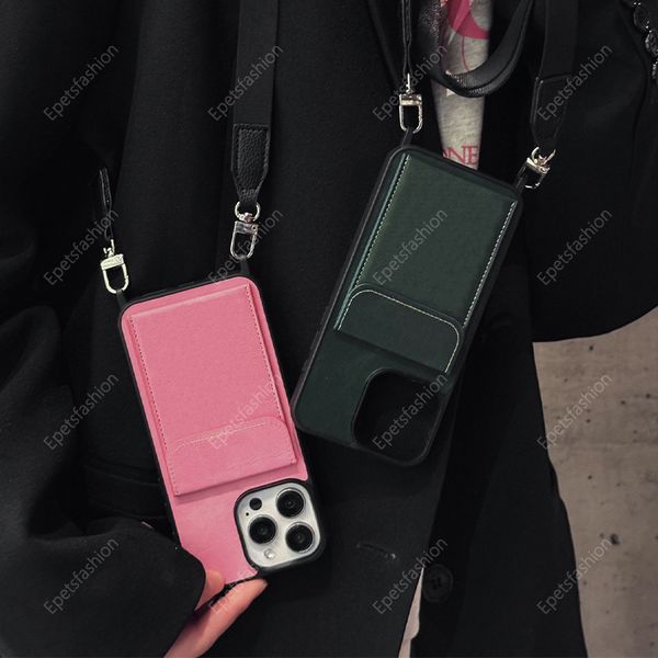 Sac à cartes Flip Classic Faux Style Hanging Rope Crossbody Anti Drop Phone Case pour Apple 15 Pro Max 11 12 13 14 Promax Dark Dark Green Rose Designer 028