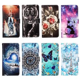 Flip lederen kisten voor iPhone 14 Pro Max Butterfly Animal Tiger Tower Flower Panda Credit ID Card Slot Stand Cover