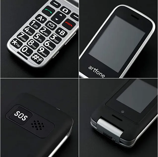 Vänd senior Phone ArtFone C10 Double LCD Display Dual Sim Big Rubber Keypad för äldre 1000mAh Batteri En nyckel SOS FM -mobiltelefon
