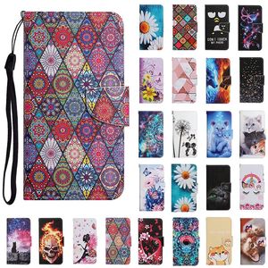 Étuis en cuir à rabat pour iPhone 13 Pro Max 12 Mini 11 XR 6G 7G 8G Dessin animé Papillon Chat Poisson Crâne Marbre Sangle de support Couverture de fente pour carte