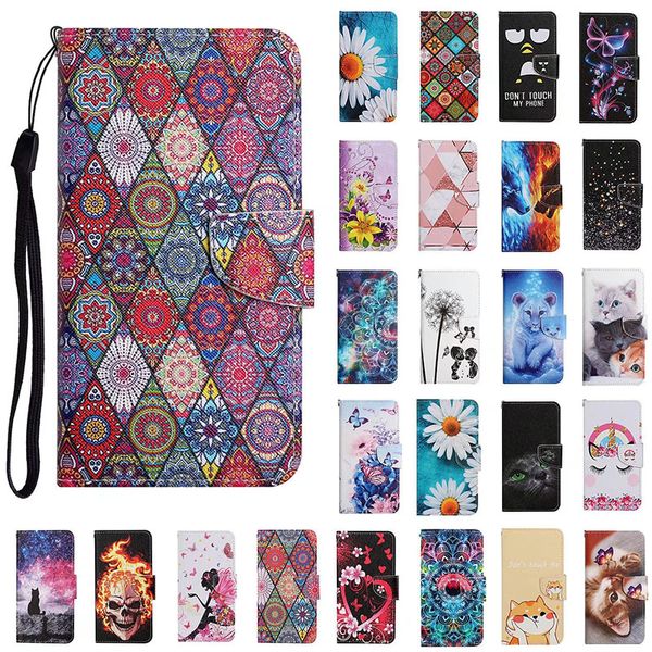 Fundas de cuero con tapa para iPhone 13 Pro Max 12 Mini 11 XR 6G 7G 8G Dibujos animados Mariposa Gato Pescado Cráneo Mármol Soporte Correa Ranura para tarjeta Cubierta