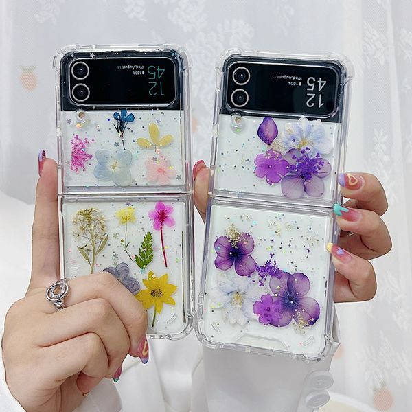 Flip4 Etuis pressés à fleurs séchées pour Samsung Galaxy Z Flip 4 3 Zflip4 Zflip3 Fashion Summer Dry Real Floral Foil Confetti Clear Hard Plastic PC Soft TPU Mobile Cover