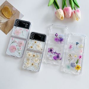 Flip5 Étuis pressés à fleurs d'été sèches pour Samsung Galaxy Z Flip 5 4 3 Zflip4 Zflip3 Mode séchée Real Floral Foil Confetti Clear Hard Plastic PC Soft TPU Phone Cover