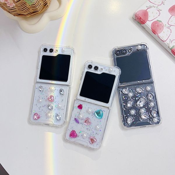 Flip5 Bling Diamond Étuis antichoc pour Samsung Galaxy Z Flip 5 Zflip5 Clear Star Starry Fashion Heart Love Foil Confetti Clear Hard Plastic PC Acrylique Soft TPU Cover