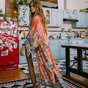 Vloer bikini cover-ups roze boho print self gordel front open lange kimono jurk strand tuniek vrouwen zwempak bedekken 240315