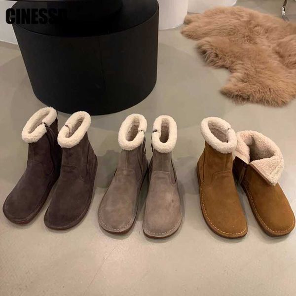 Botas de nieve aterciopeladas, botines para mujer, nuevas botas de invierno cálidas para mujer, zapatos planos informales para mujer, zapatos cortos con cremallera de felpa, pantalones cortos de costura sólida