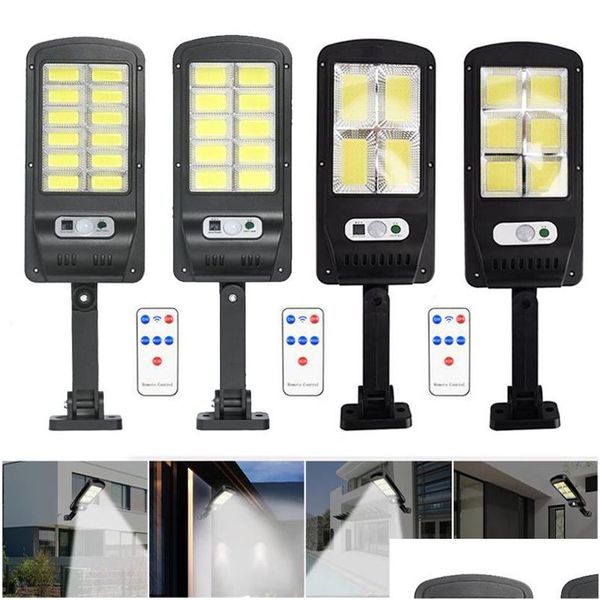 Focos COB Luces solares Control remoto Pir Sensor de movimiento Lámpara de calle LED Foco impermeable al aire libre Jardín Luz de pared Gota Deli Dhawj