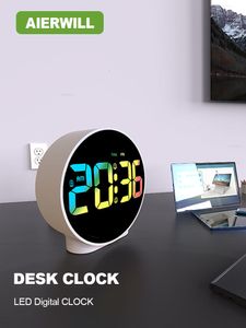 Horloges de sol Aierwill N16 Réveil rond avec calendrier Snooze 12 24H Semaine Digital LED Tables for Bedrooms Bedside Desk Shelf 230613