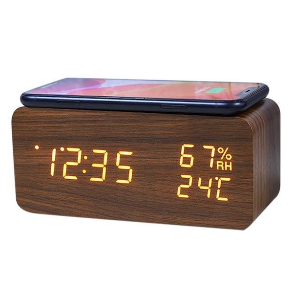 Relojes de piso Reloj despertador digital Temperatura de madera y humedad LED Teléfono inteligente electrónico Cargador inalámbrico 230613