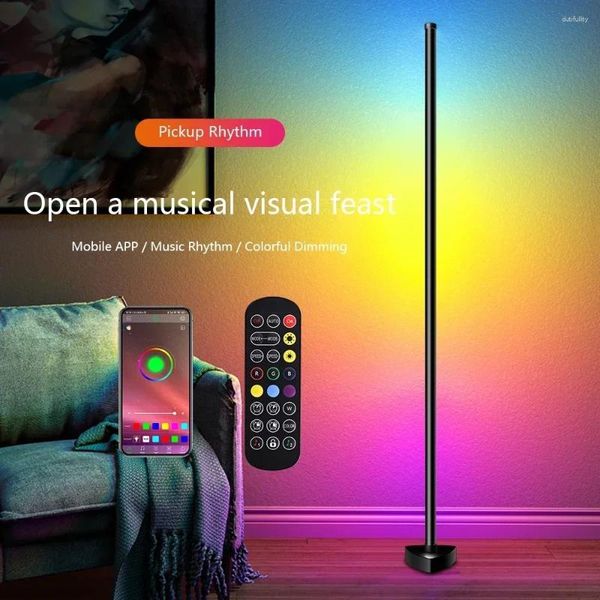 Lámparas de pie Sala de estar Lámpara de esquina regulable 141 cm Soporte Bluetooth RGB LED Luz de estado de ánimo para dormitorio Decoración nórdica para el hogar Iluminación interior