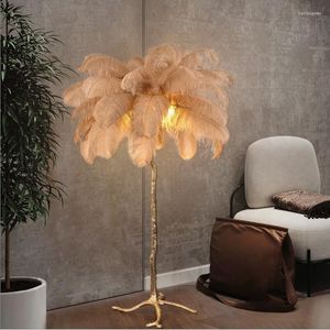 Staande Lampen Moderne Luxe Struisvogelveren Lamp Goud Hars Hoek Licht Art Deco Staande Voor Woonkamer Decor Slaapkamer Verlichting