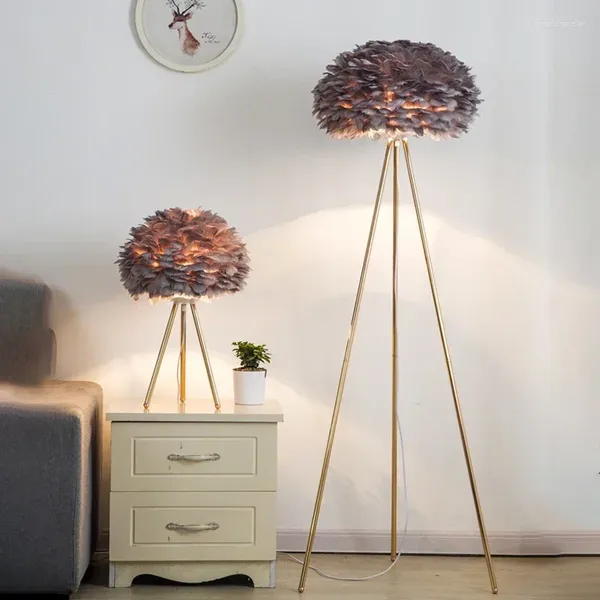 Lámparas de pie trípode nórdico pluma dormitorio lámpara de noche sala de estar iluminación interior mesa de pie luz decoración del hogar luces