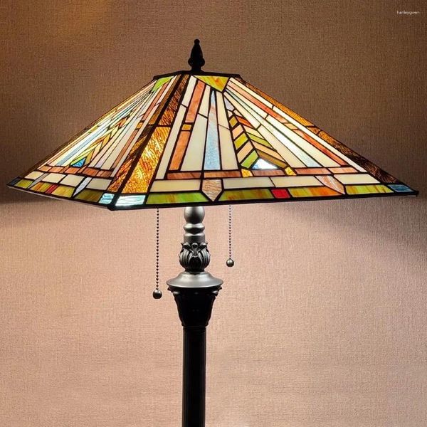 Lampadaires Tiffany Lampe Salon 2 Lumières Mission Style Vitrail Lampe De Lecture Antique Debout Haut Pour Bedro