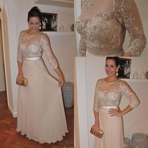 Vloer Lengte Kralen Parels Kant 3 4 Mouwen Chiffon Elegante Moeder van de Bruid Jurken Juweel Vintage Galajurken302S