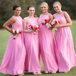 Vloerlengte roze chiffon bruidsmeisje kanten jurken een lijn juweel nekmeisje jurk op maat gemaakte landelijke strand bruiloftsfeest formeel slijtage Vestidos